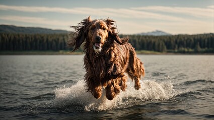 Active healthy Afghan Hound dog running on the beach water with open mouth