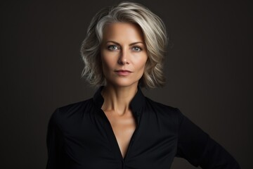 Fototapeta premium Photo of a business 50 year old woman, wearing a simple blouse, eye contact, dark background