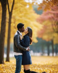 Two young people, a girl and a man kissing in an autumn park against the background of yellow trees