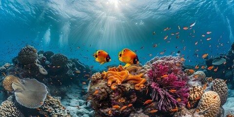 Fototapeta na wymiar Underwater haven with sunlight filtering through water, featuring coral reef and tropical fish. vivid marine life captured in natural habitat. AI