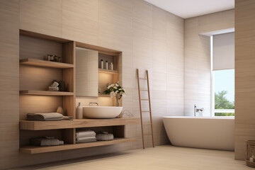 Ecru color, spacious minimal design luxury decor bathroom interior