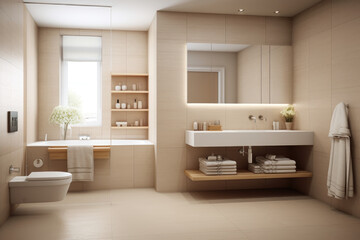 Fototapeta na wymiar Ecru color, spacious minimal design luxury decor bathroom interior