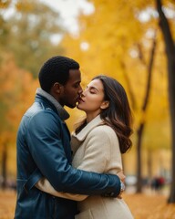 Fototapeta premium A man and woman are about to kiss in a park with yellow trees.