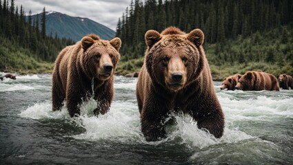  Alaskan brown bears fishing in river