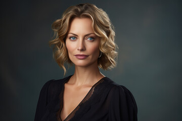Fototapeta premium Photo of a beautiful woman with wavy hair, wearing a simple blouse, eye contact, dark background