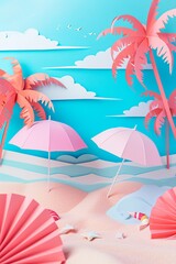 A handcrafted paper artwork representing a beach scene with a red and white umbrella and summer fruits