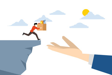 Concept Change job, leave company for new career opportunity, Confident brave businessman carrying belongings escape jumping off cliff to help giant hand, decision to change employer concept.