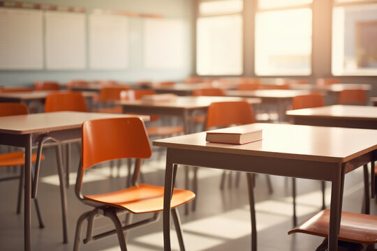 Empty classroom with orange chairs, back to school. Generative ai