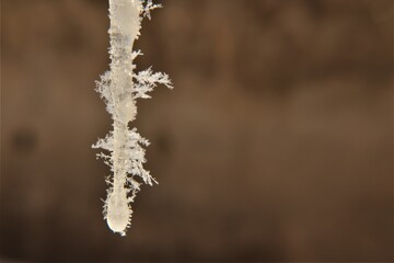 Ice crystals with beautiful spikes in winter. Common view during in Erzurum, Turkey. Cold weather -50 C. Crystals forms at on hoarfrost background. Ice flowers, frost, Snow, freeze
