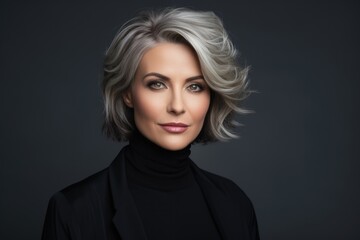 Naklejka premium Photo of a business 50 year old woman, wearing a simple blouse, eye contact, dark background