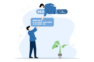 SEO concept, businessman helps optimize website URL to search bar ranking 1, search engine optimization to help website achieve top ranking, website promotion or communication concept.