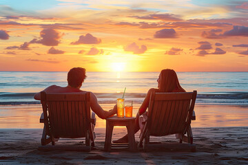 happy couple on beach chairs with a side table with cocktails enjoy luxurious sunset on the beach during summer vacations. - obrazy, fototapety, plakaty