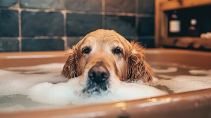 A serene golden retriever enjoys a relaxing spa bath, relaxing and enjoys a spa day. concept of services for dogs and pet care