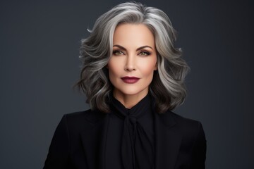 Fototapeta premium Photo of a business 50 year old woman, wearing a simple blouse, eye contact, dark background