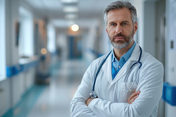 Portrait of confident mature doctor standing in Hospital corridor. Handsome doctor wearing white coat, stethoscope around neck standing in modern private clinic. - obrazy, fototapety, plakaty