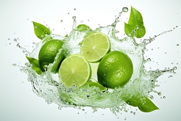 Limes fall into water, whole and cut limes in splashes of water.
