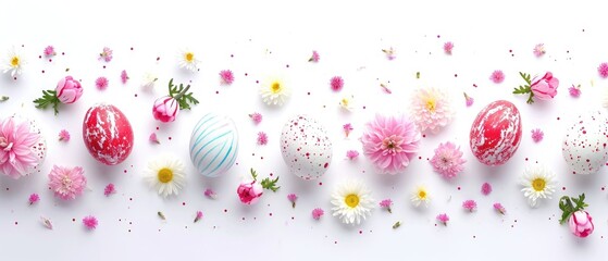 Fototapeta na wymiar A creative arrangement of Easter eggs and a vibrant line of spring flowers on a white background. Easter card with copy space