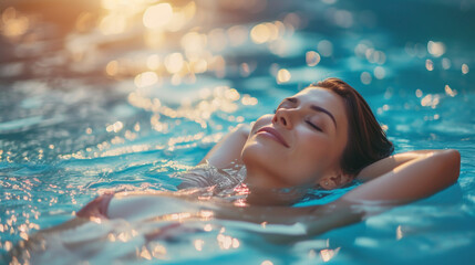 Woman relaxing in the pool. 