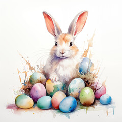 watercolor, bunny sitting with eggs an easter celebration