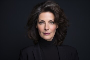 Fototapeta premium Photo of a beautiful woman with wavy hair, wearing a simple blouse, eye contact, dark background