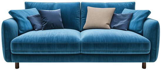 Modern Sofa in Plush Fabric and Smooth Leather, Vibrant Blue: Isolated on Transparent Background with Clipping Path