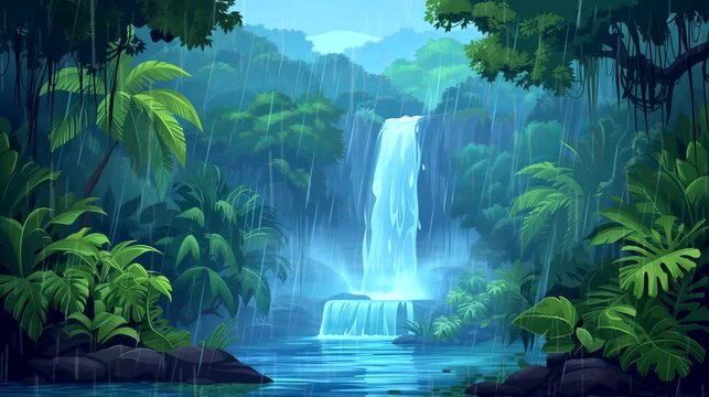 Beautiful view of tropical rain forest with waterfall.  Seamless looping 4k time-lapse virtual video animation background