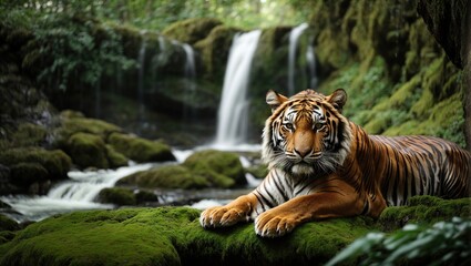 Fototapeta premium Bengal tiger resting Near the waterfall with green moss from inside the jungle zoo 