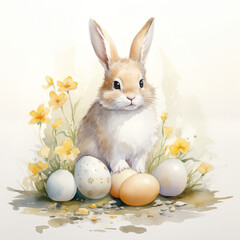 Naklejka na ściany i meble watercolor, bunny sitting with eggs an easter celebration