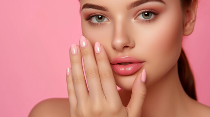 Fototapeta premium Close-up of a young woman's face featuring impeccable makeup and a glossy pink manicure against a pink background, Flawless Makeup with Perfect Pink Manicure