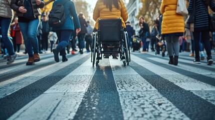Obraz premium Handicapped or old woman in a wheelchair crossing the pedestrian lane amidst a bustling city background Quality of life and impairment concept.