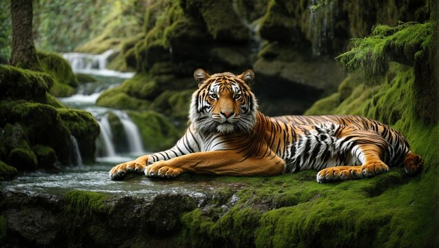Bengal tiger resting Near the waterfall with green moss from inside the jungle zoo 