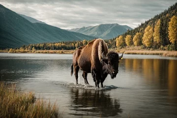 Gordijnen bison walks through the lake © RIDA BATOOL