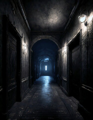Creepy hallway in dark old building Generated image
