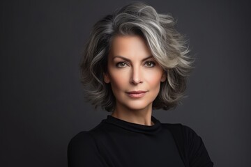 Fototapeta premium Photo of a business 50 year old woman, wearing a simple blouse, eye contact, dark background