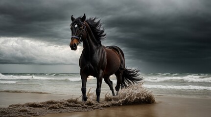  Black Spanish horse standing legs in the air on beach against storm