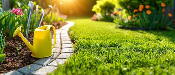 A picturesque garden path lit by sunshine with a yellow watering can on a green grass in the foreground in the garden - obrazy, fototapety, plakaty