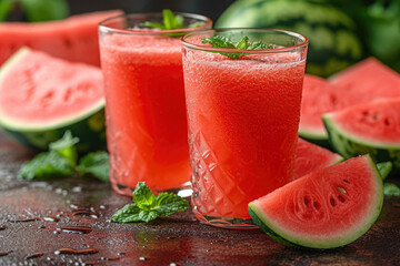 fresh red watermelon juice, freshly squeezed red juice from the pulp of ripe watermelon