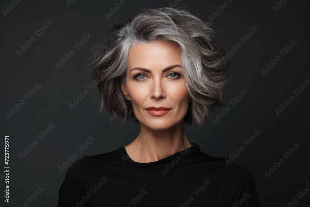 Wall mural Photo of a business 50 year old woman, wearing a simple blouse, eye contact, dark background