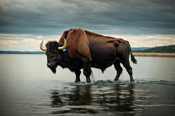 Obraz premium buffalo bull on lake,