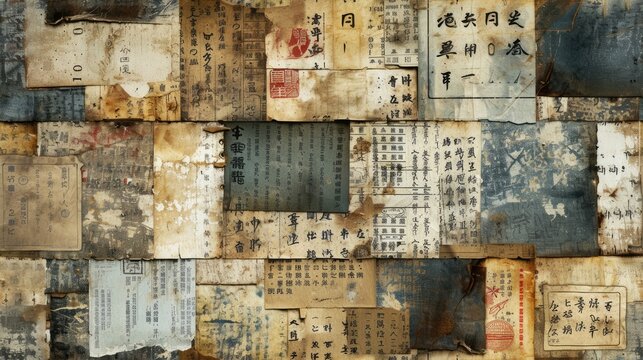 Generative AI, vintage grunge Japanese letters collage background. Different textures and shapes	
