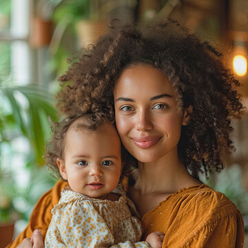 Close Up Beautiful Faces Happy Family Portrait Loving African Daughter Hugs Mother, Mom Enjoy Moment Of Tenderness Closed Eyes Feels Deep Love To Her