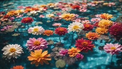 colorful flowers floating over a crystal clear blue pool - obrazy, fototapety, plakaty