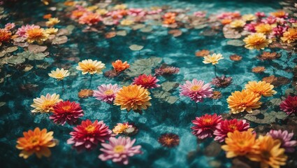 Naklejka na ściany i meble colorful flowers floating over a crystal clear blue pool