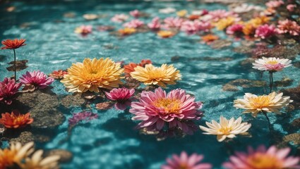 colorful flowers floating over a crystal clear blue pool