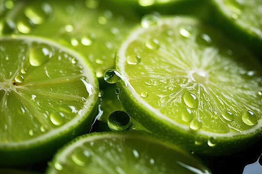 Sliced lime with water drops close-up.