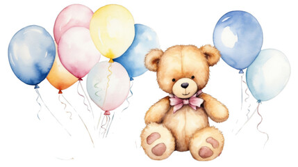 Fototapeta na wymiar Watercolor teddy bear surrounded by colorful balloons on a transparent background.