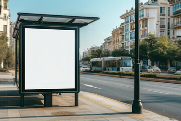 Vertical blank white billboard at bus stop on city street. In the background buildings and road. Mock up. Poster on street next to roadway.