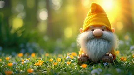 Foto auf Acrylglas Honigfarbe Cute of gnome in spring forest and green natural background