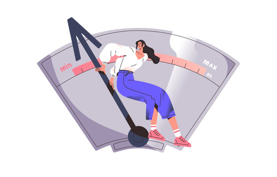 Woman loss weight. Girl obsession of reduce, get rid excess kilograms. Female is depressed with scales measure. Eating disorder, psychological problem. Flat isolated vector illustration on white