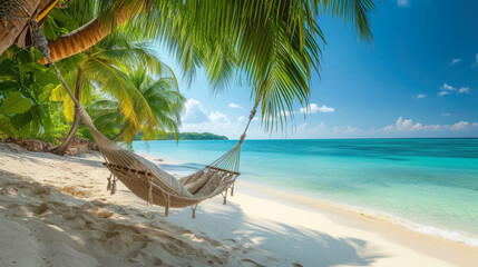 Empty hammock hanging on palm trees, Tropical beach and landscape background , summer relax travel